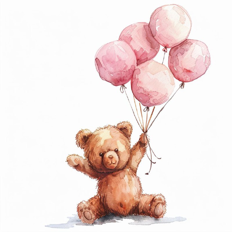 Watercolor Teddy Bear Floating on Pink Balloons Clipart
