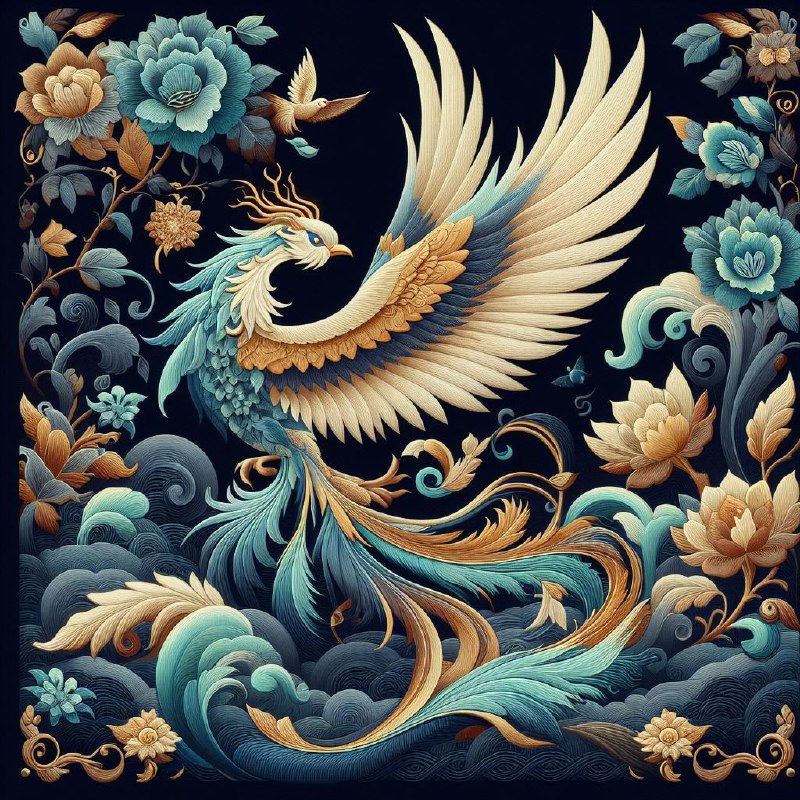 Chinese Embroidery Phoenix Wallpaper in Cyan and Gold