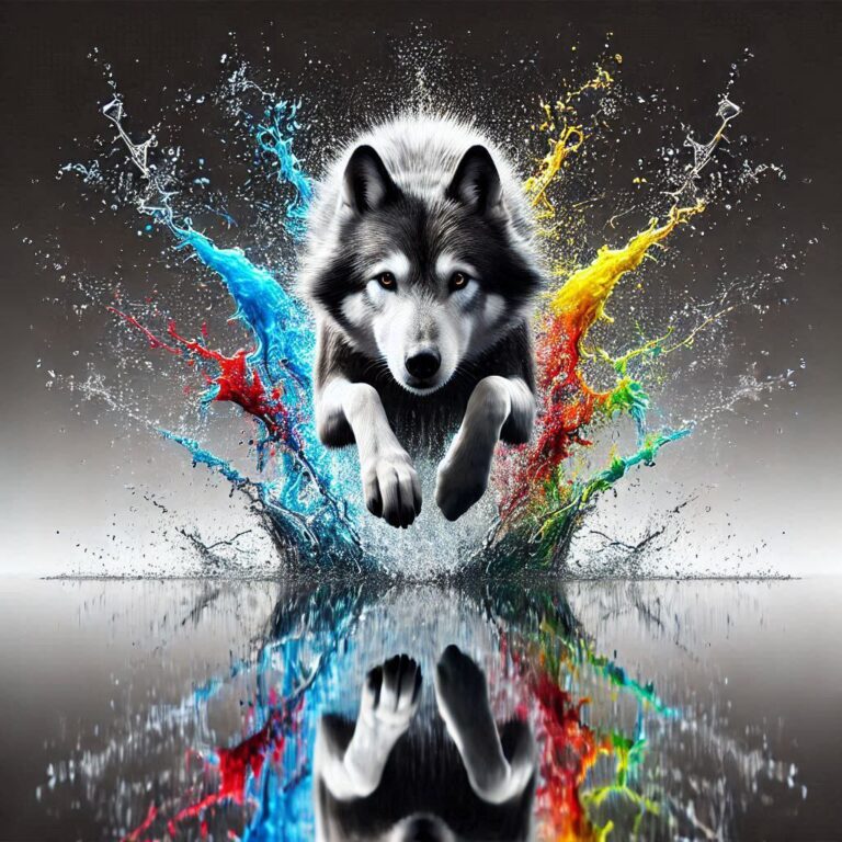 Hyper-Realistic Wolf Leaping Over Vibrant Water