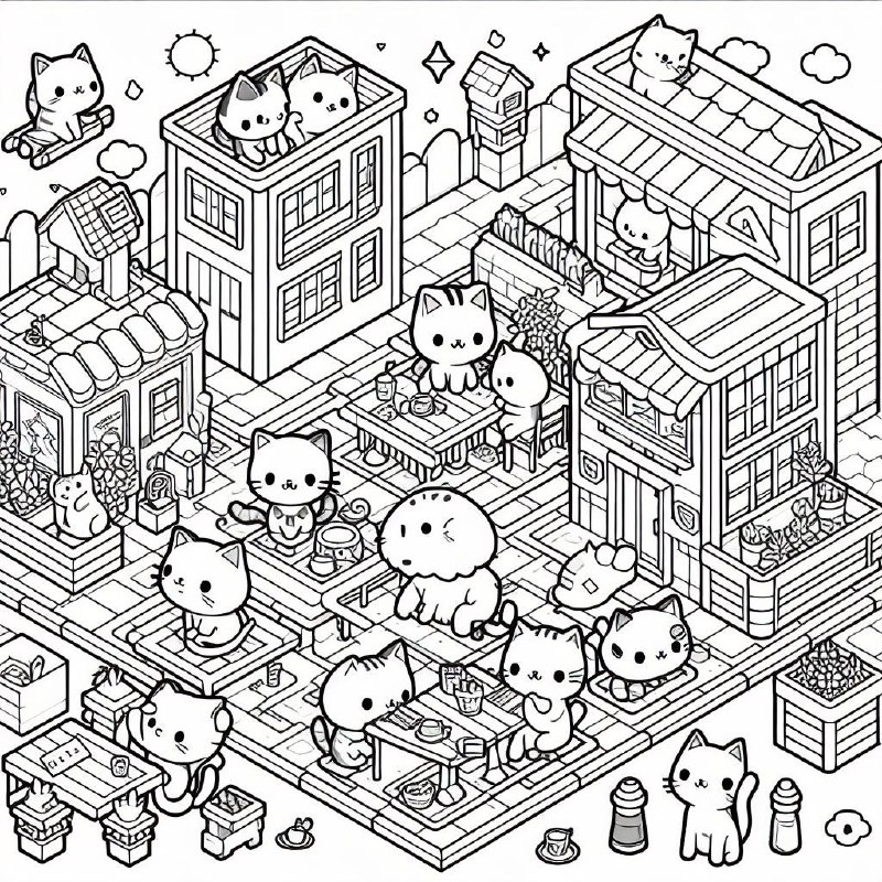 Kawaii Cat Town Isometric Coloring Page Line Art