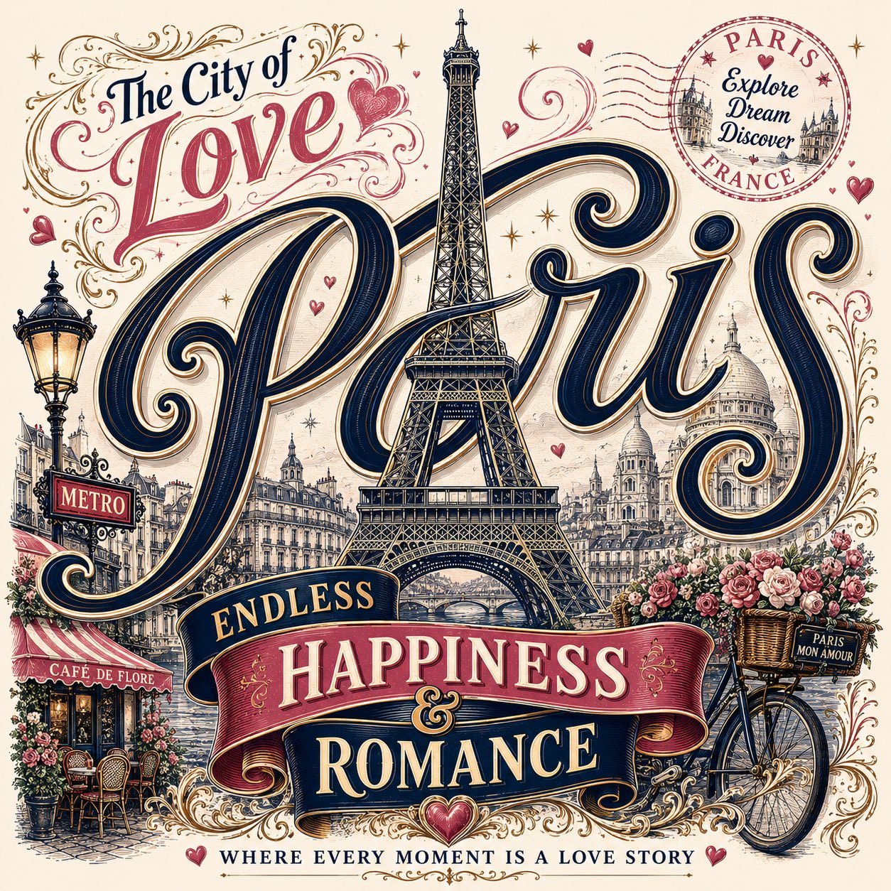 Vintage Paris Romantic Travel Poster