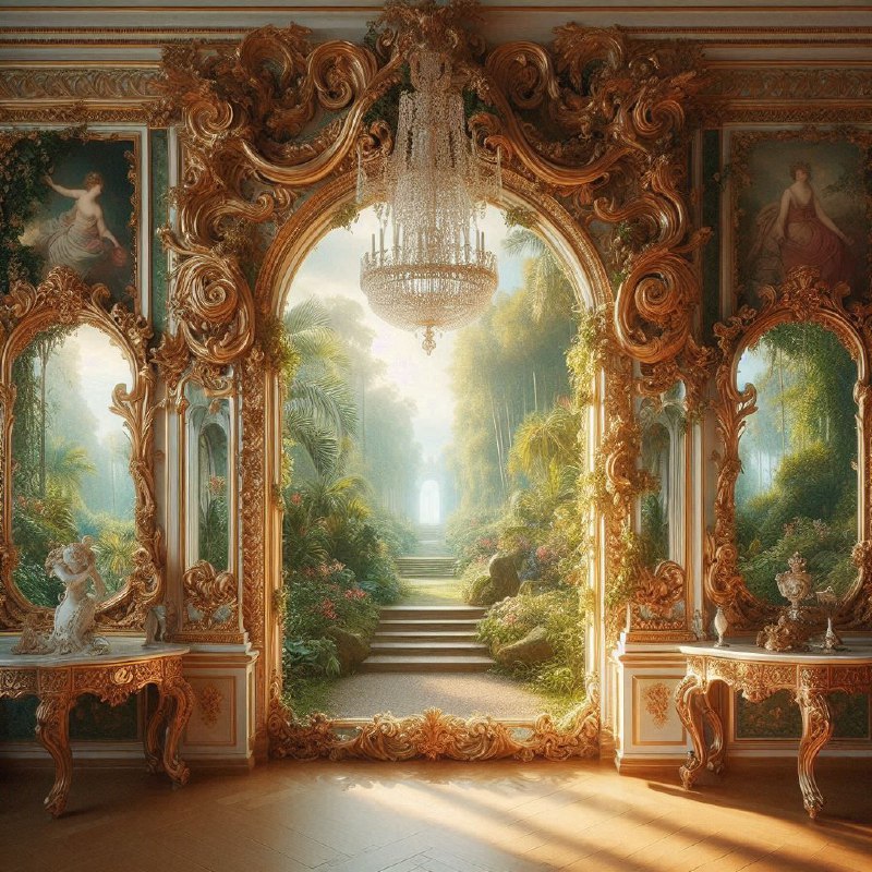 Rococo Mirror Reflection of Lush Garden Classical Decor
