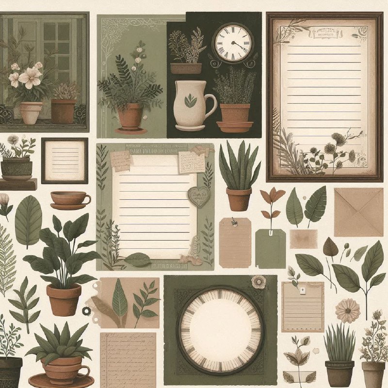 Vintage Journal Pages and Potted Plants Clipart Set