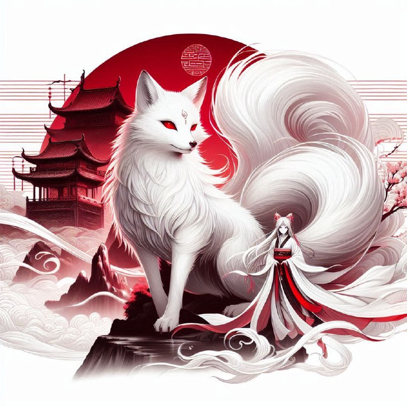 White Fox and Caped Woman Chinese Fantasy Mountain Art