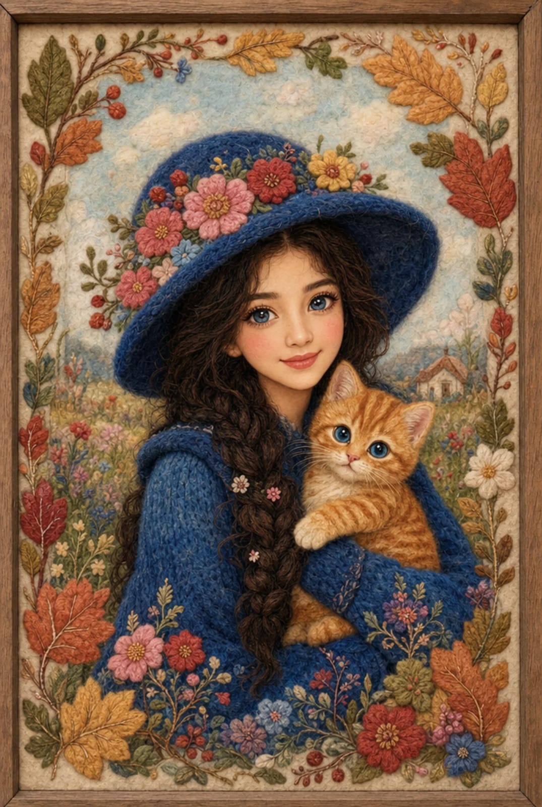 Felt Embroidery Girl with Kitten
