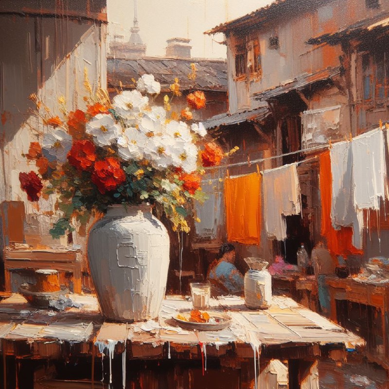 Indoor Still Life Oil Painting With White Flower Vase