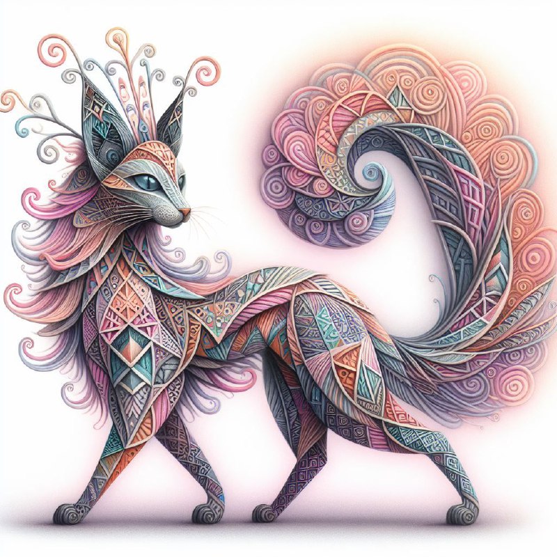 Whimsical Pastel Cat With Geometric Hair Mixed Media