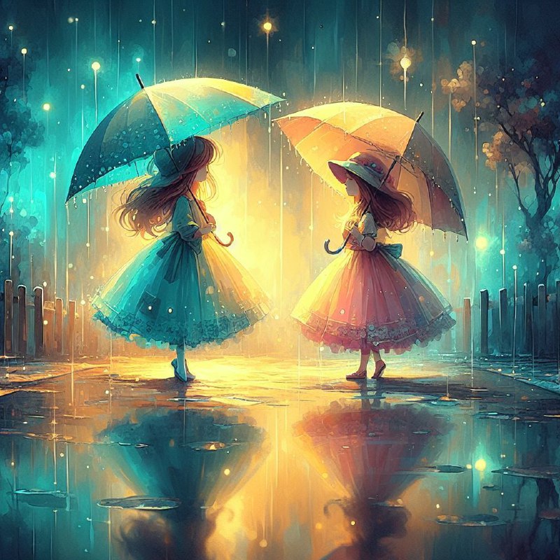 Two Girls Under Umbrellas Dreamy Cyan and Yellow Art