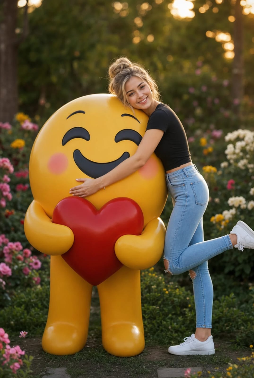 Girl Hugging Giant 3D Emoji Heart