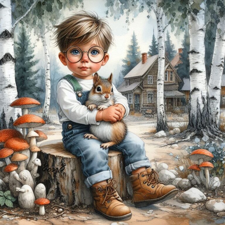 Boy Holding Squirrel in Village