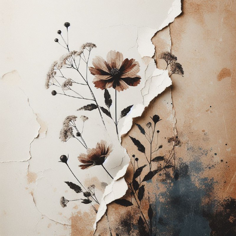 Ripped Paper Brown Flowers Minimalist Mixed Media Art