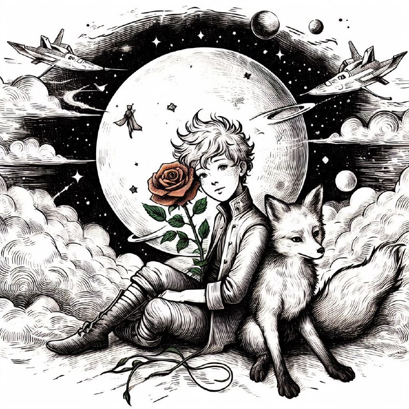 Little Prince With Fox and Rose Sketch Tattoo Style