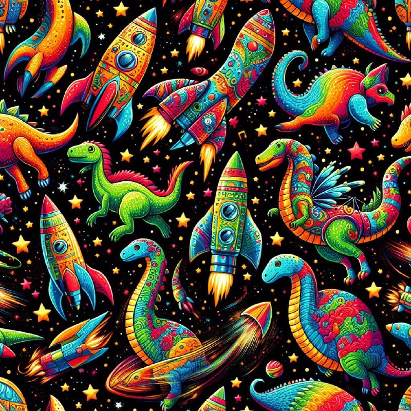 Colorful Space Dinosaurs and Rockets Playful Pattern