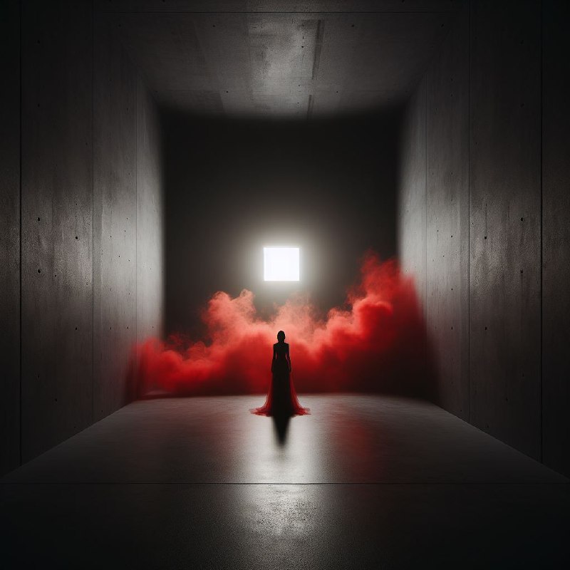 Woman in Red Smoke Dress in Dark Concrete Space