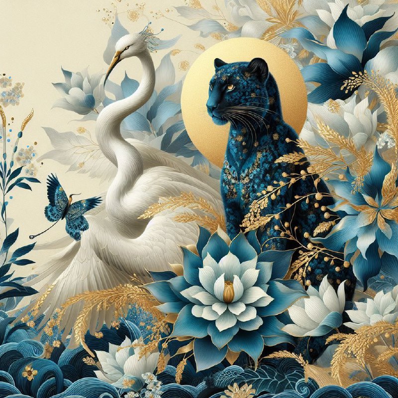 Panther With Blue Flowers and Gold Plants Abstract Art