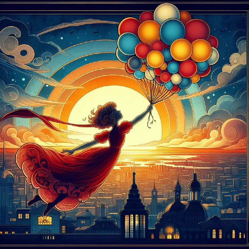 Art Nouveau Girl Flying With Balloons Over Sunset City