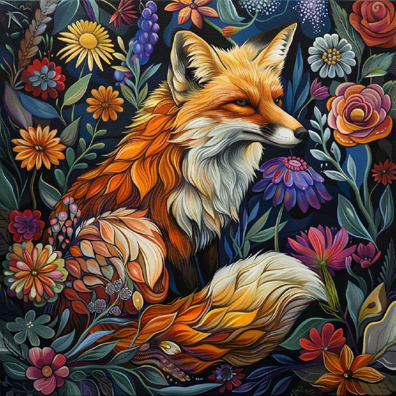 Fox Among Abstract Flowers Darkly Romantic Illustration
