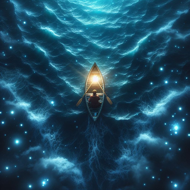 Man in Canoe on Deep Ocean With Glowing Stars Aerial