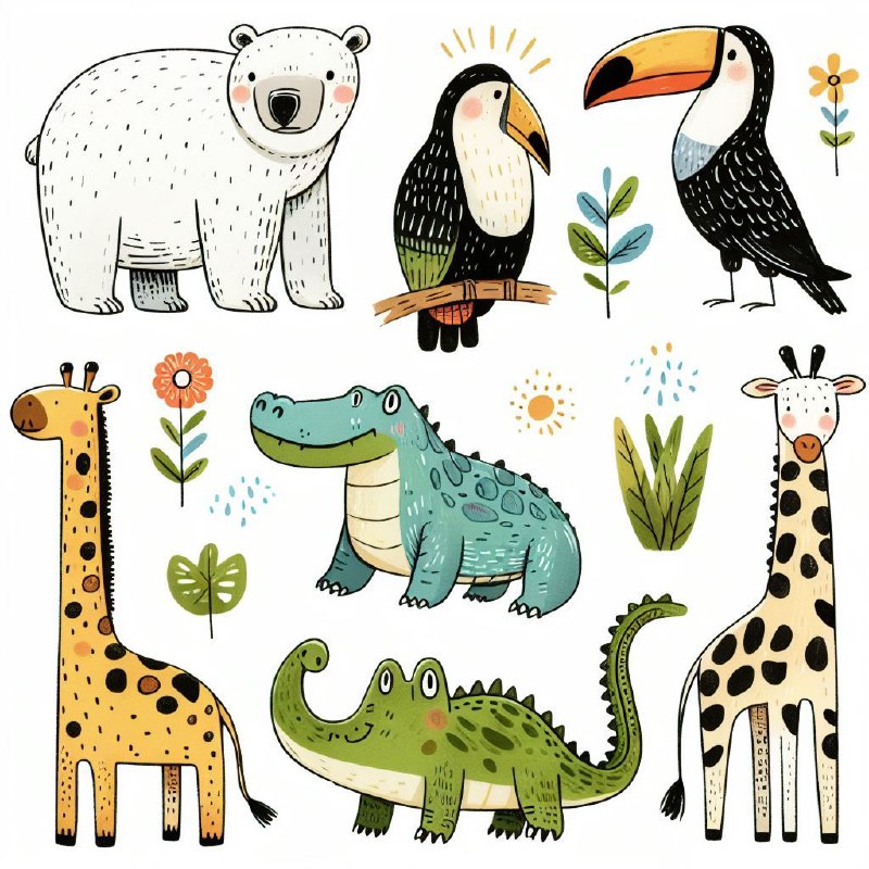 Whimsical Cartoon Zoo Animals Watercolor Collection