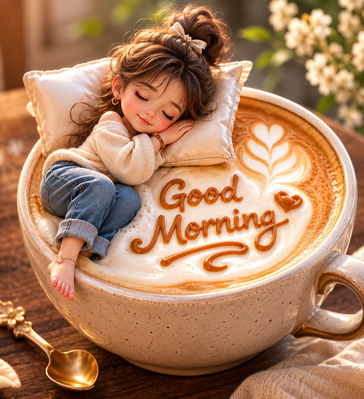 Sleepy Chibi Girl on Latte Cup
