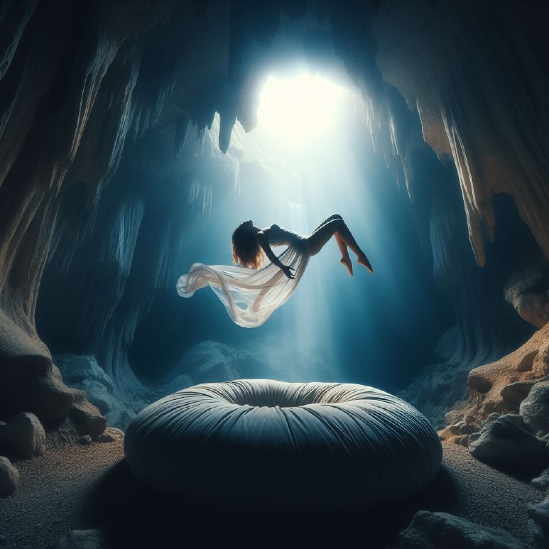 Young Woman Floating Above Round Pillow Dramatic Photo