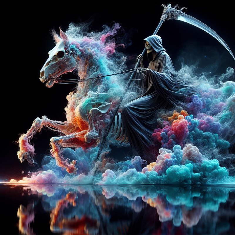 Grim Reaper Riding Smoke Skeleton Horse Colorful Art