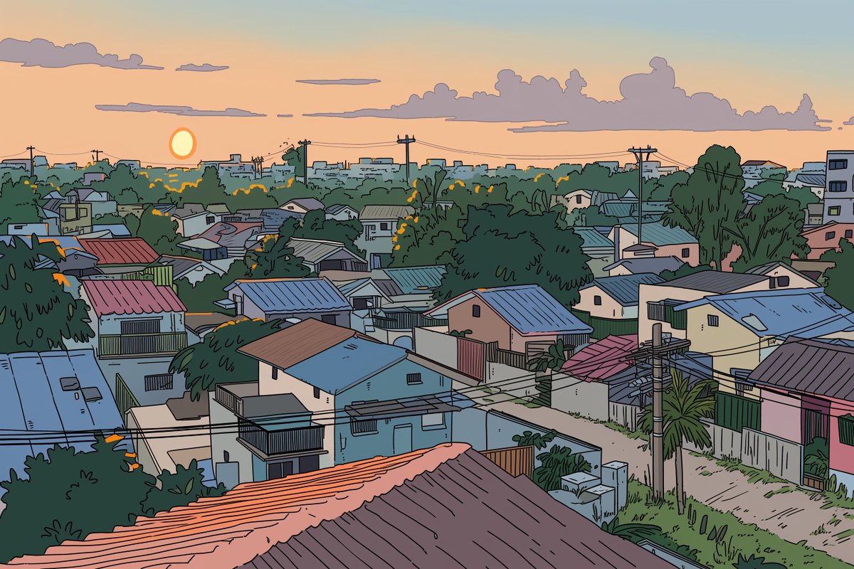 Rooftop Sunset Comic Landscape