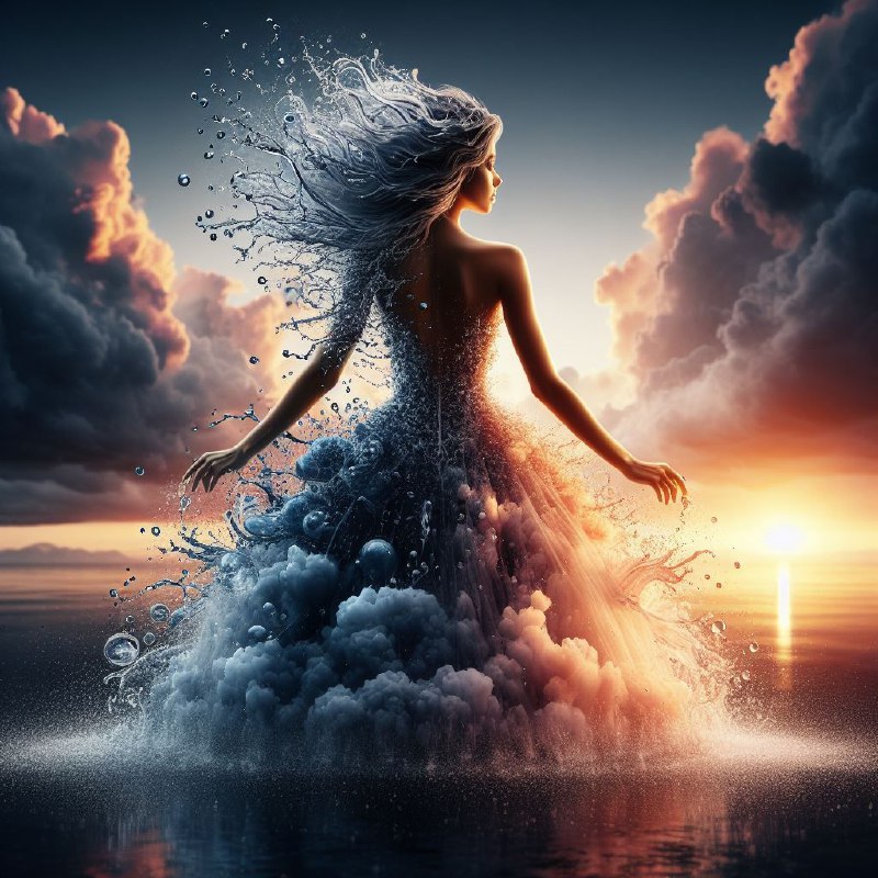 Water and Wind Woman in Droplet Dress at Sunset