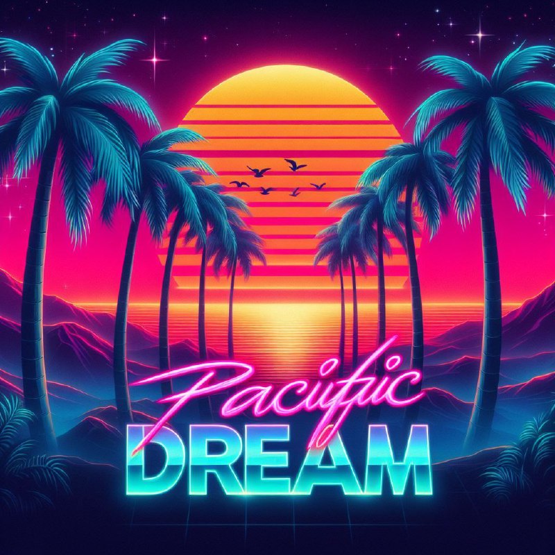 Pacific Dream 80s Neon Movie Poster With Palm Trees