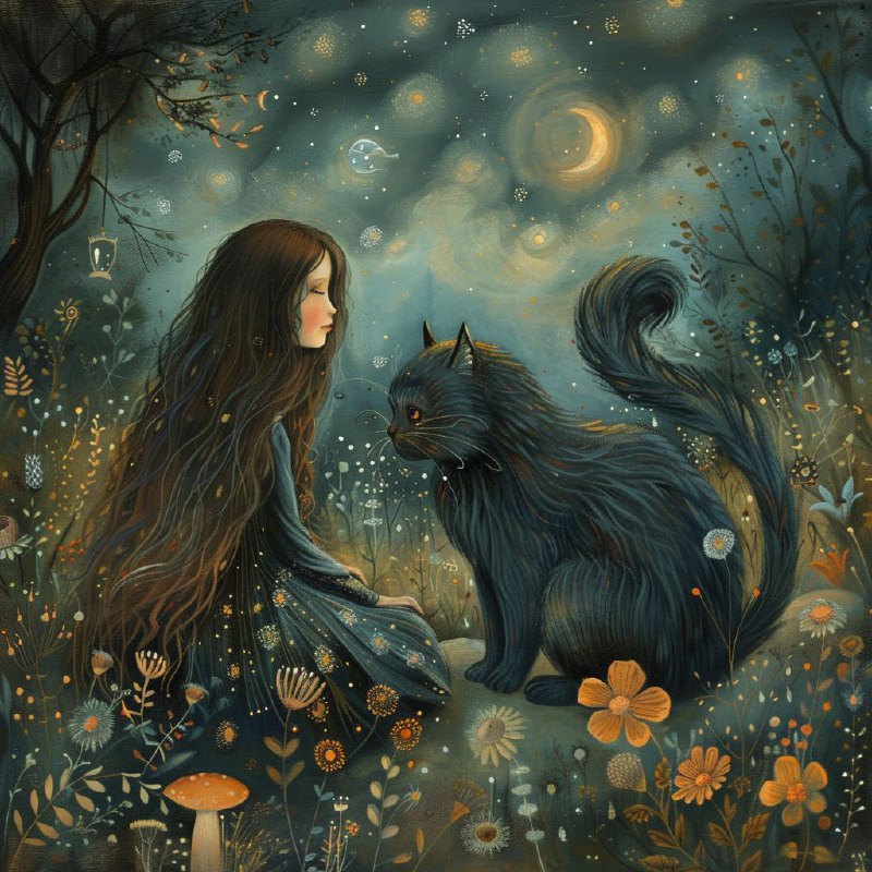 Girl With Large Cat Whimsical Nightscape Illustration