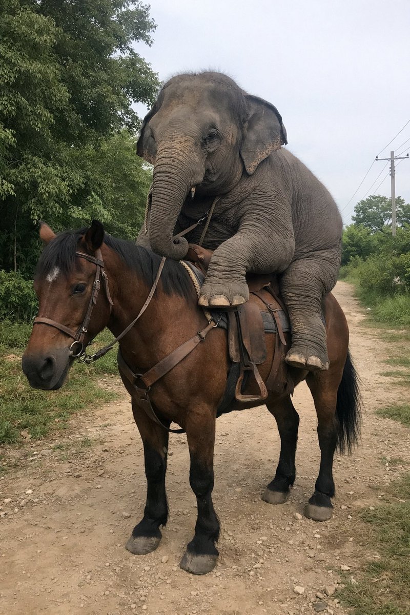 Baby Elephant Riding Brown Horse