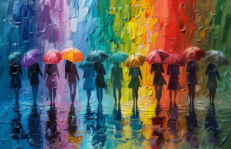 Colorful Umbrella Men Walking in Rain Cityscape Art