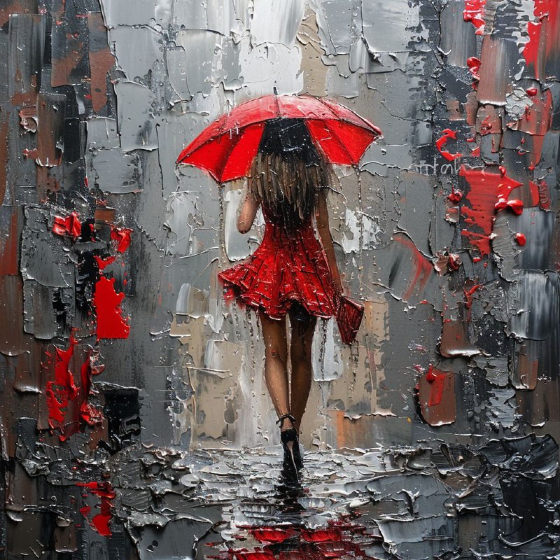 Woman With Umbrella in Rain Palette Knife Painting
