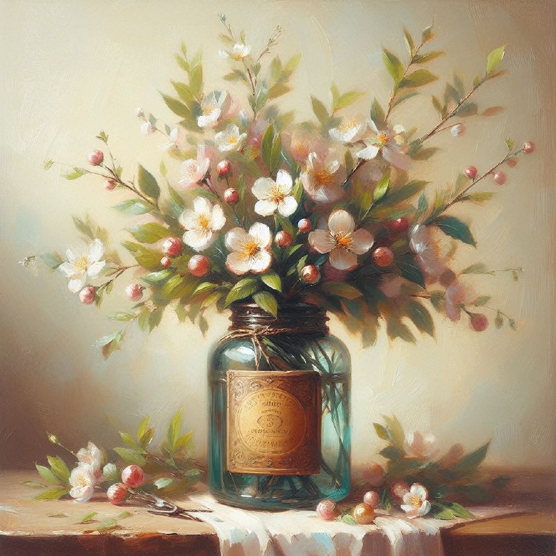 Spring Flower Bouquet in Antique Jar Oil Painting