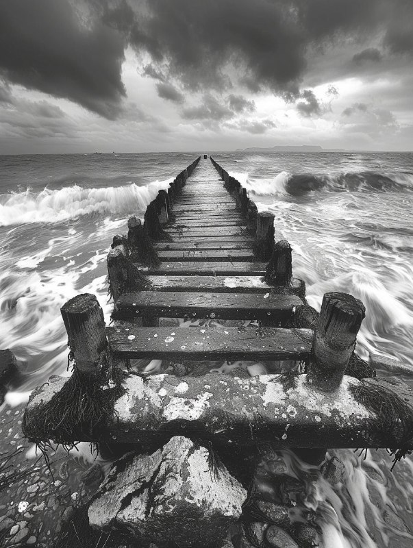 Fisheye Photograph of Abandoned Pier on Cloudy Ocean