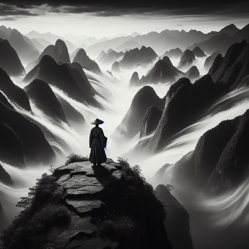 Hanfu Man on Ancient Mountain Minimalist Ink Painting