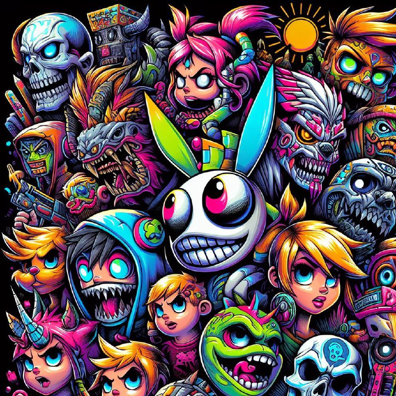 Colorful Graffiti Cartoon Characters on Black Pop Art