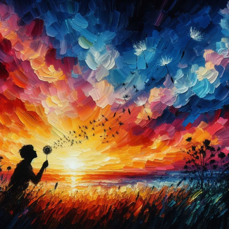 Silhouette Blowing Dandelion Seeds at Sunset Impasto