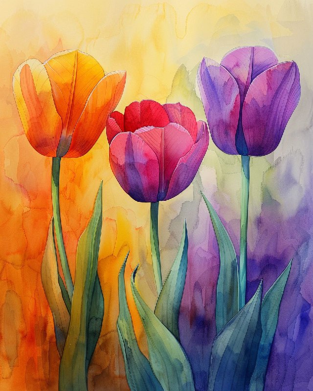 Orange Purple and Yellow Tulips Watercolor Painting