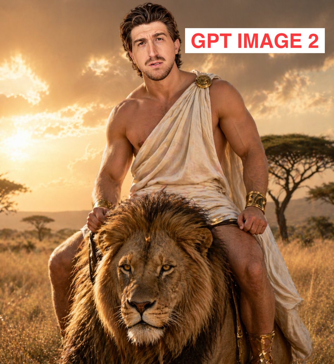 Greek Deity Riding Lion on Savannah