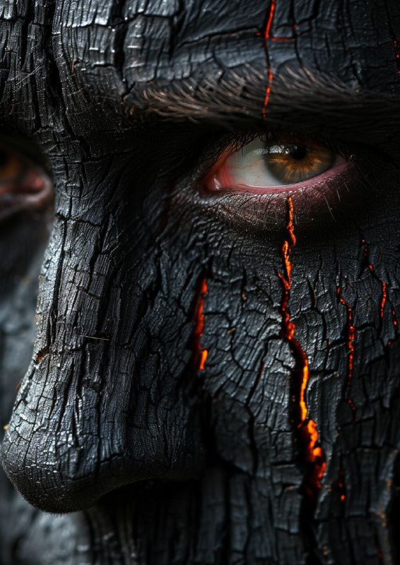 Charred Wood Grain Face With Burning Ember Red Streaks