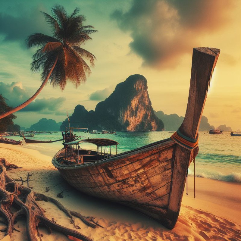 Old Thai Longtail Boat Beached Among Coconut Trees