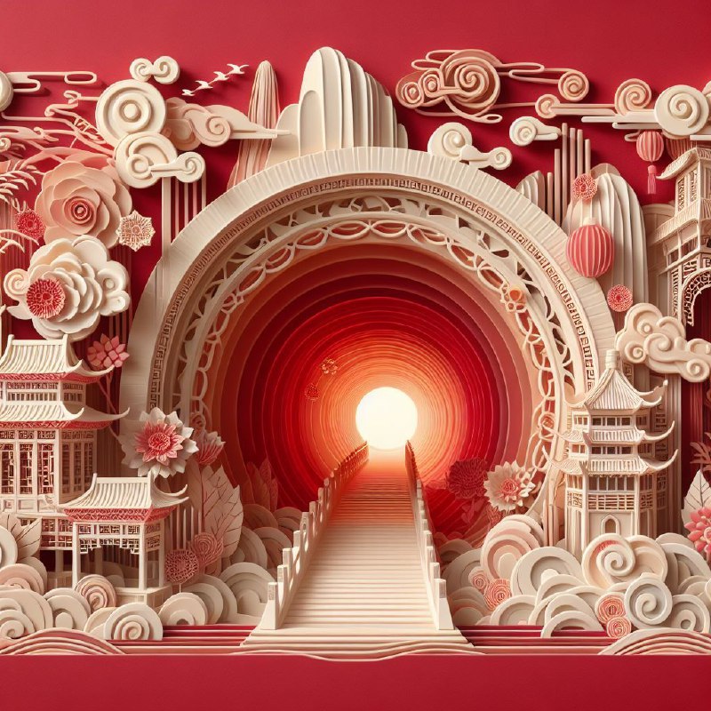 Chinese Kirigami Paper Illustration on Red Background