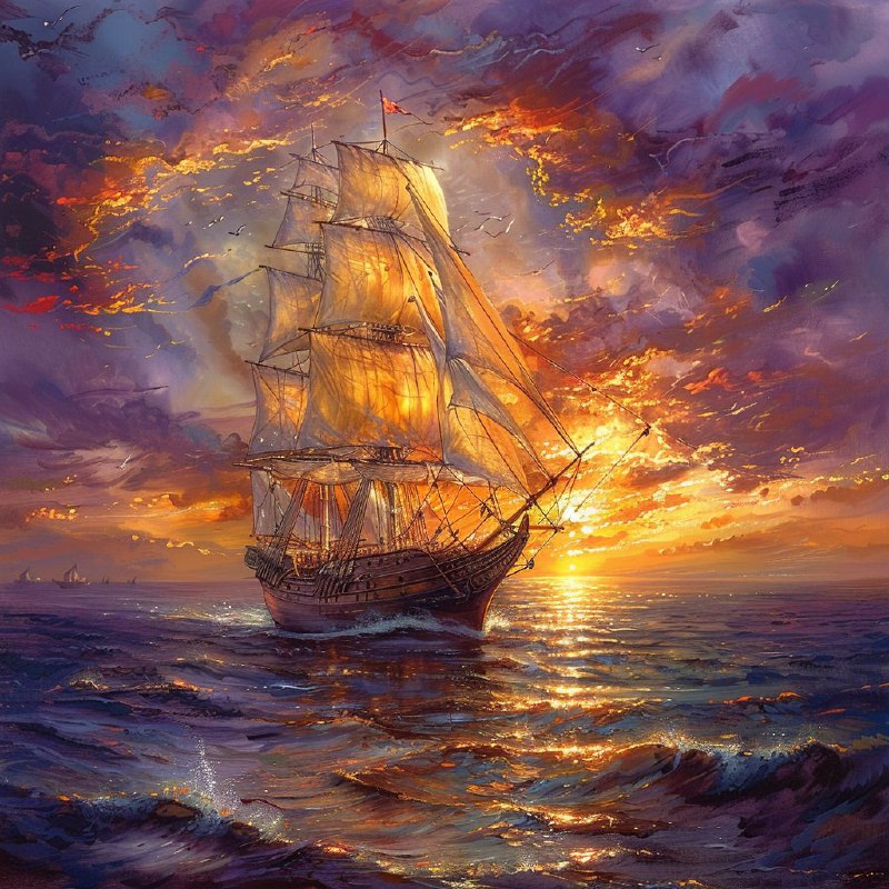Majestic Sailing Ship Gliding at Golden Ocean Sunset