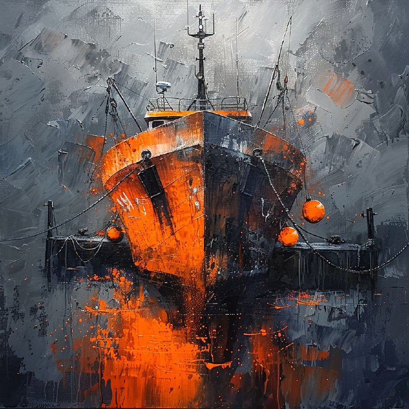 Boat Docked at Industrial Dock Palette Knife Painting
