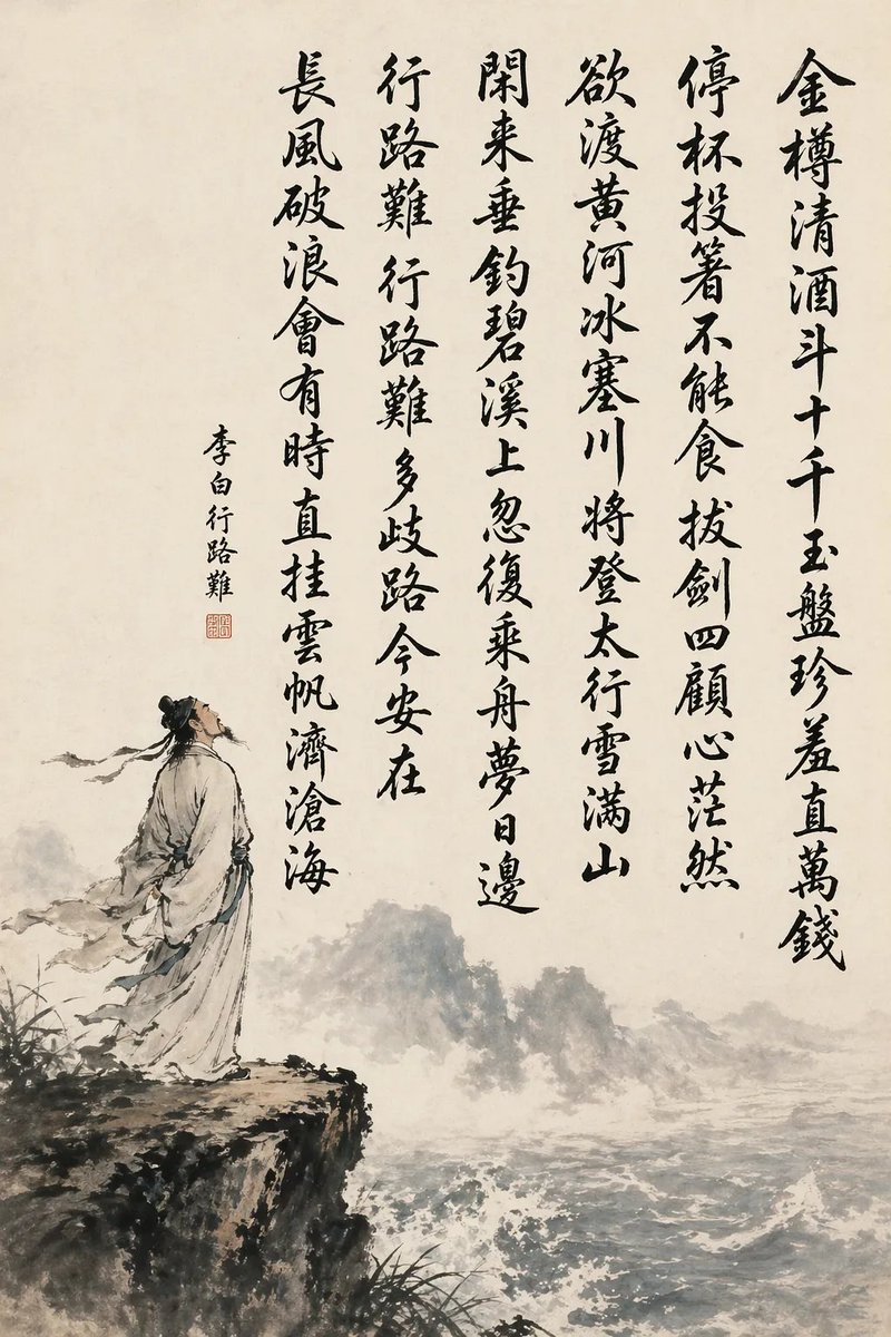 Li Bai's Journey Is Difficult Ink Scroll