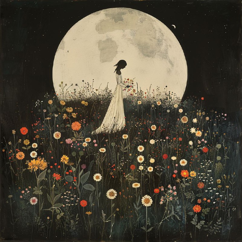 Woman With Wildflower Bouquet in Moonlit Dark Meadow