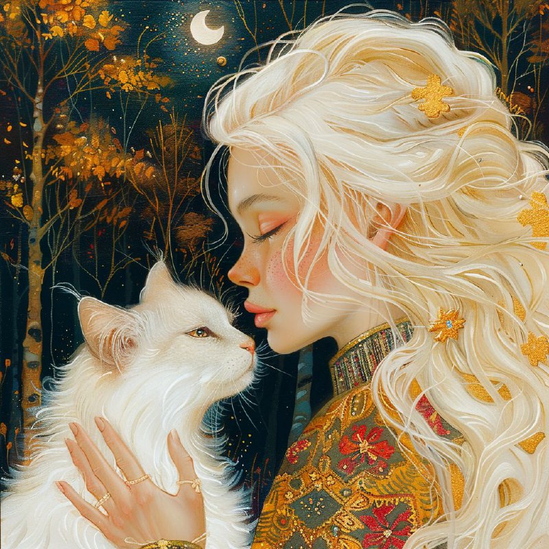 Blonde Princess Playing With White Cat in Vivid Colors