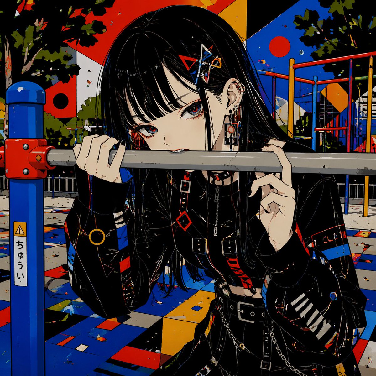 Gothic Girl Bites Playground Railing