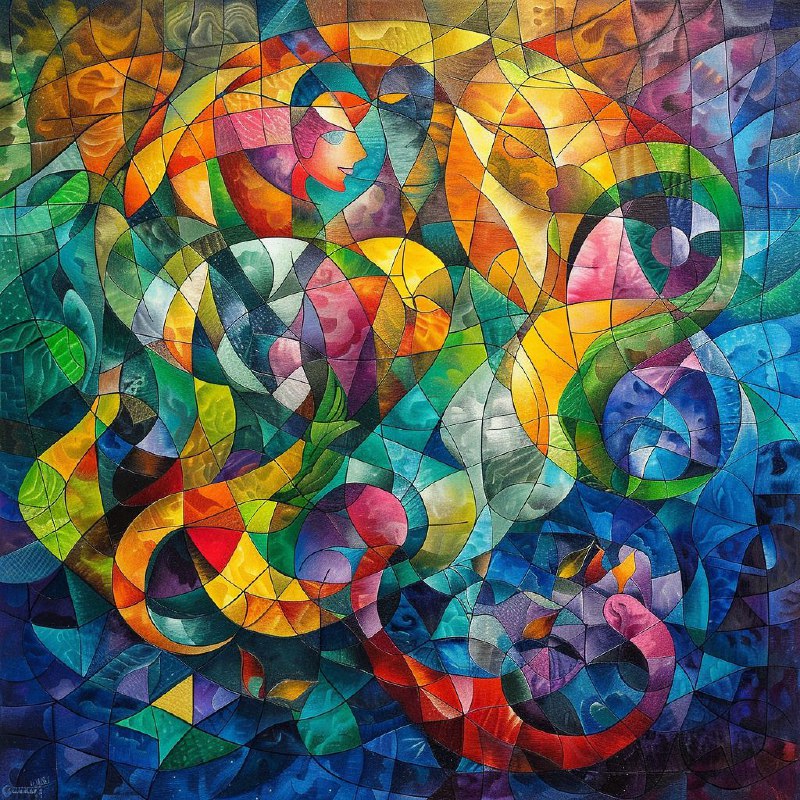 Colorful Cubism Painting of Mermaids Underwater